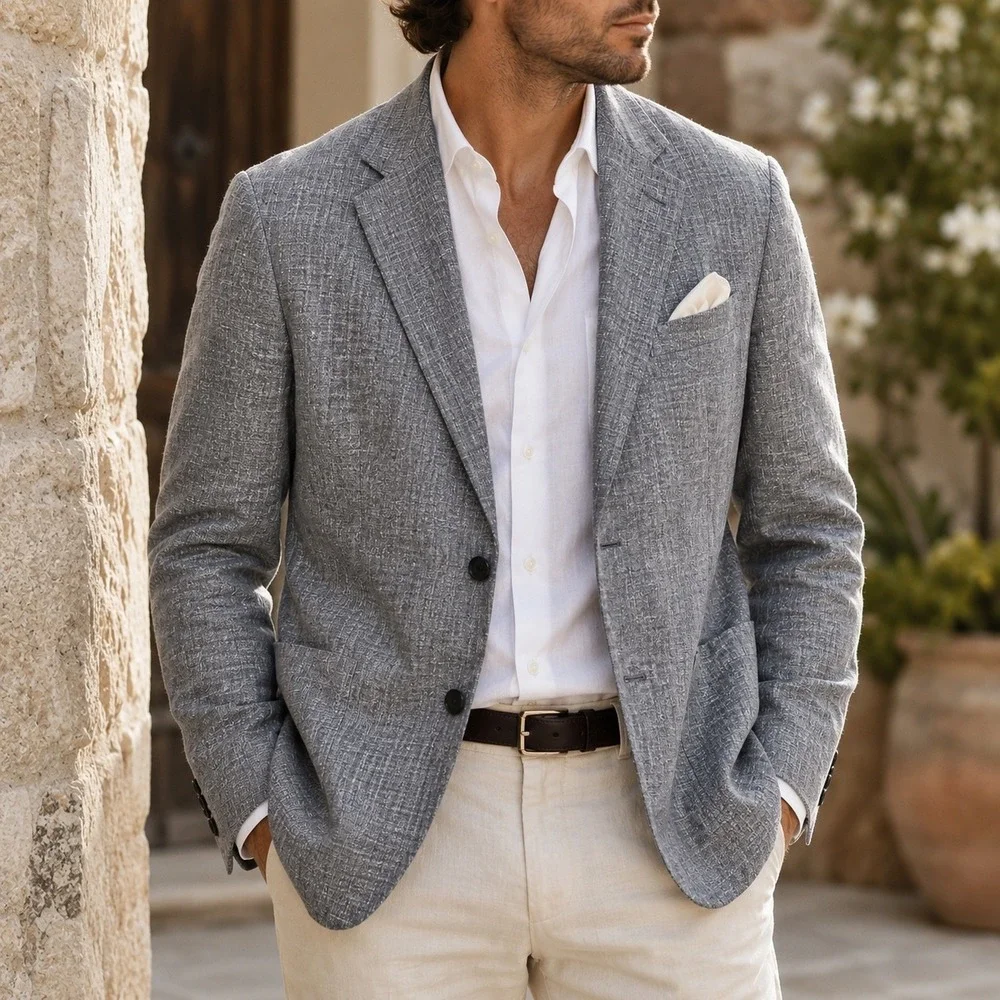 Banana Republic Slim Fit 100% Linen Blazer Men 40L Gray Sport Coat Wedding Guest